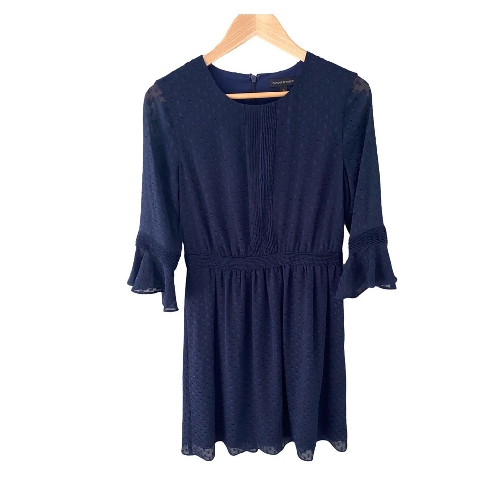Banana Republic Navy Blue Swiss Dot Pleated Detail Dress NWT Size 4